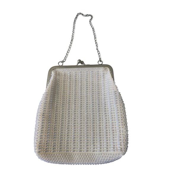 Women’s Vintage Cream Ivory Beaded Purse Clutch Evening Bag Made In Hong Kong - Picture 2 of 7